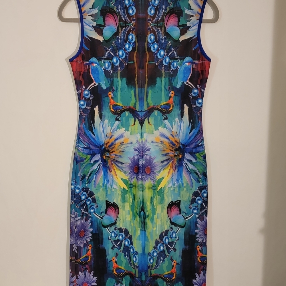 Mackenzie Mode Dress Small Psychedelic Butterfly Floral Bodycon Sheath Glam Rock - Picture 8 of 10
